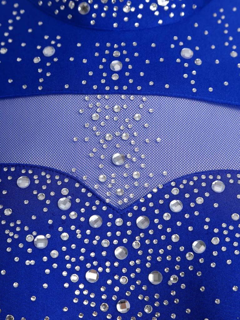 Women Mock Turtleneck Long Sleeve See-through Sparkly Rhinestone Leotards Gymnastics Performance Outfits