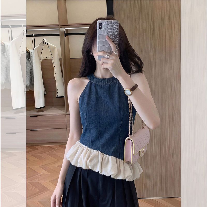 2026 Summer New Large Size French-Style Denim Ruffle Halter Neck Sleeveless Asymmetrical Top for Women in Hong Kong Style Denim top S