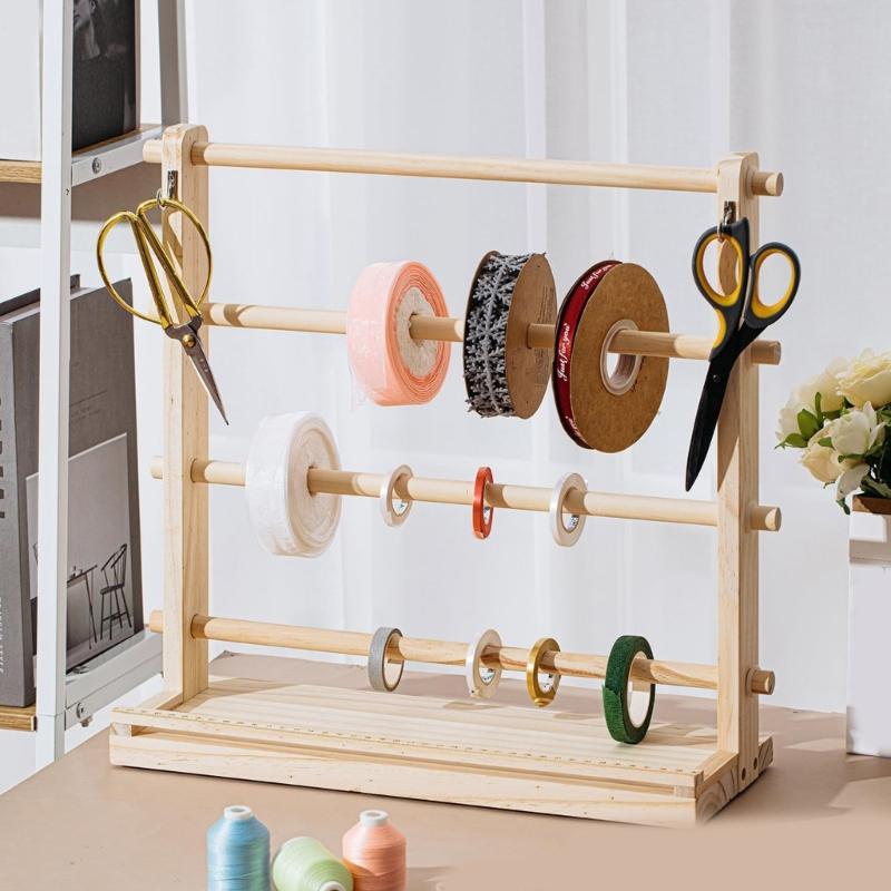 4 Tiered Wood Ribbon Holder with Hanging Hook Wood Scale Ruler Storage Ribbon Spool Holder Sewing Supply Organizers