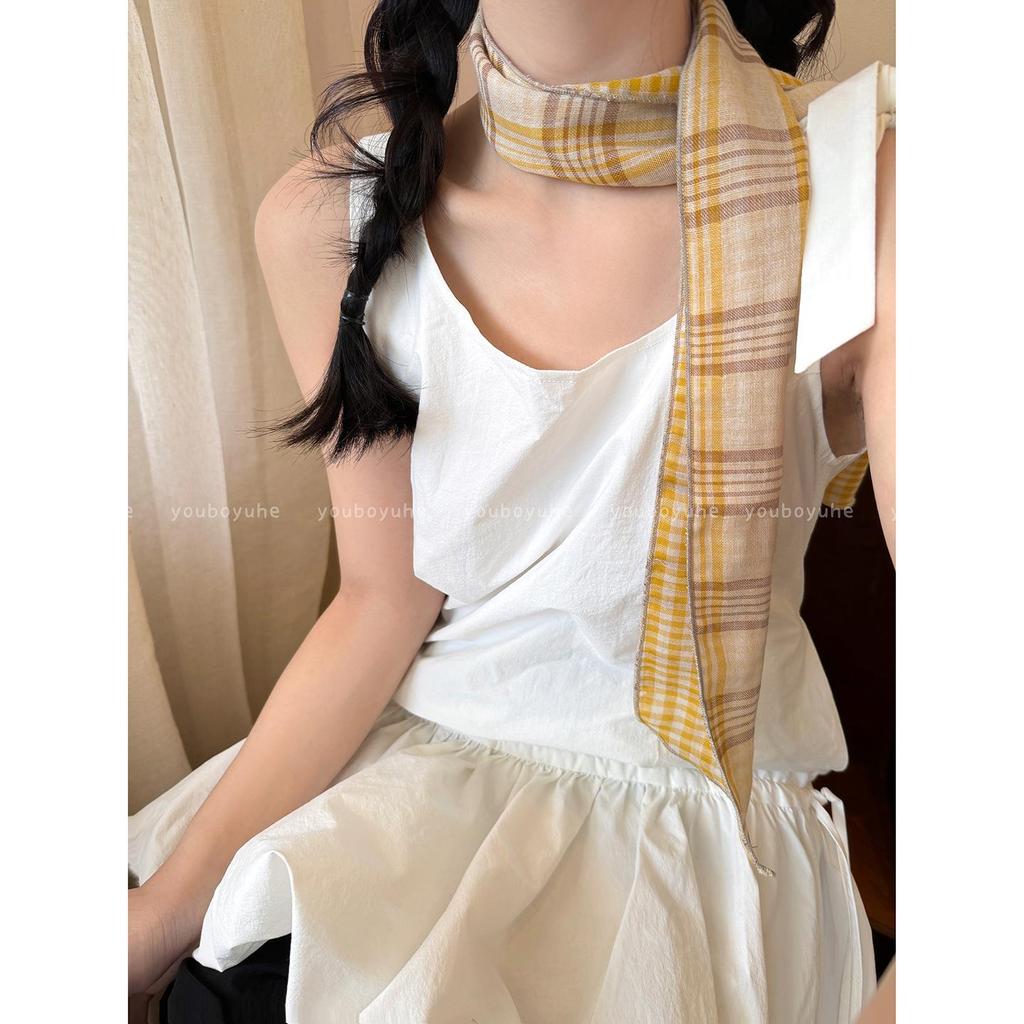 Women's Retro Plaid Cotton Linen Scarf - Summer Neck Protection Shawl, High-End Fashion Accessory