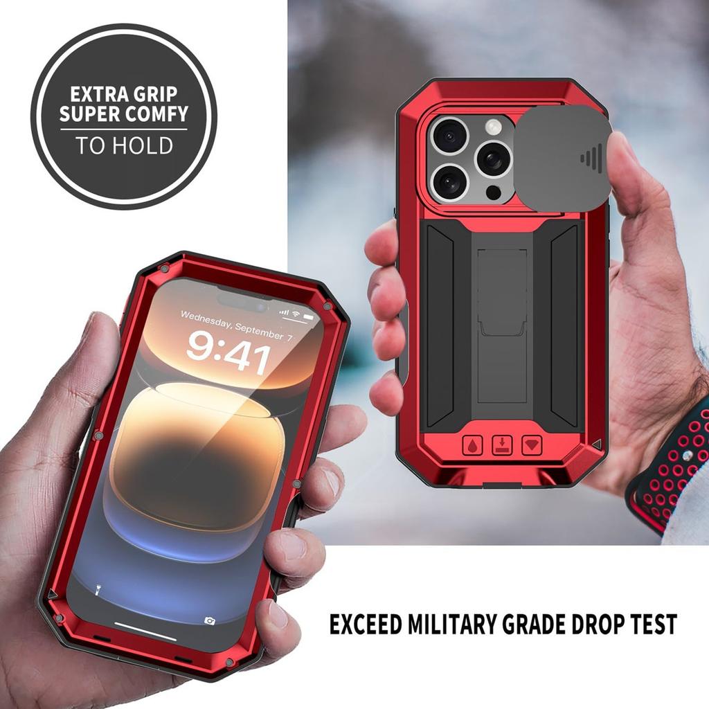 Military Heavy Duty Metal Case for IPhone 13 14 15 16 17 Pro Max Slide Camera Built-in Screen Protector Full Body Hybrid Cover