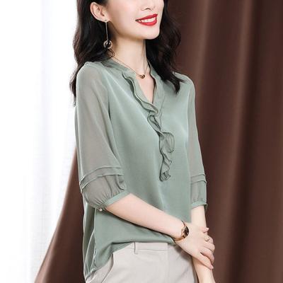 Seidenhemd für Damen im Sommer Kurzärmeliges Hangzhou Neuer Stil mit schwarzen Ohren Satin Lockeres Hemd Maulbeerseide Top