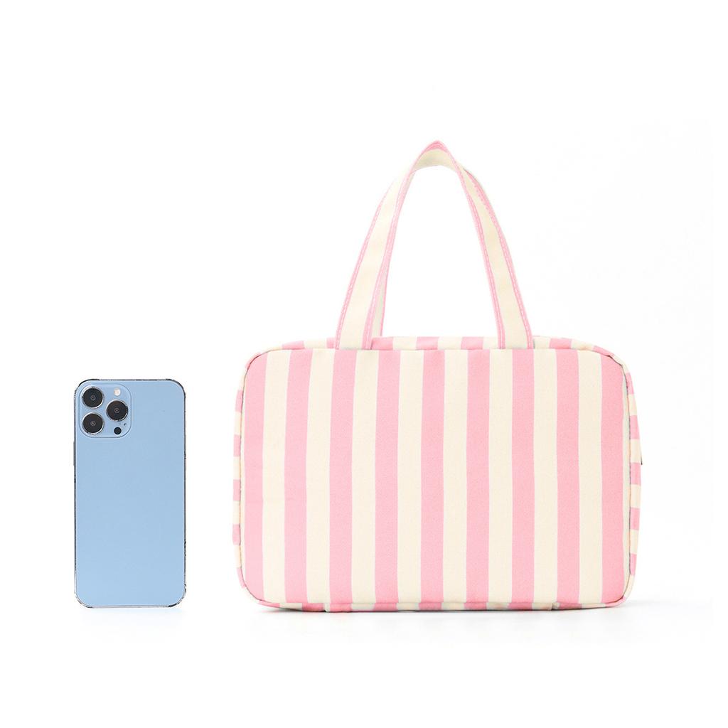 Polyester lightweight folding zone stripe makeup storage package dry wet separation wash portable handbag