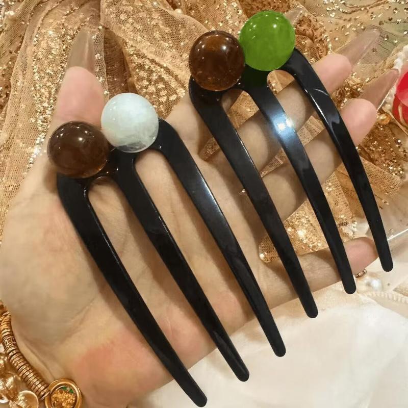 French Twist Pearl Beads Hair Stick Hair Clip Acetate U-Shaped Hairpin Vintage Tortoise Shell Women Hair Bun Pin Headwear