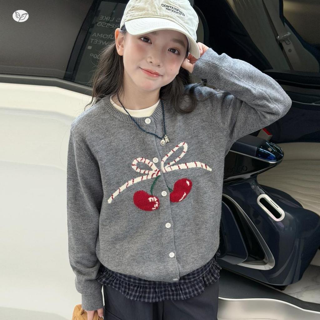 Cherry Embroidered Girls' Cardigan - Autumn 2026 Long Sleeve Knit Top for Medium and Older Children.