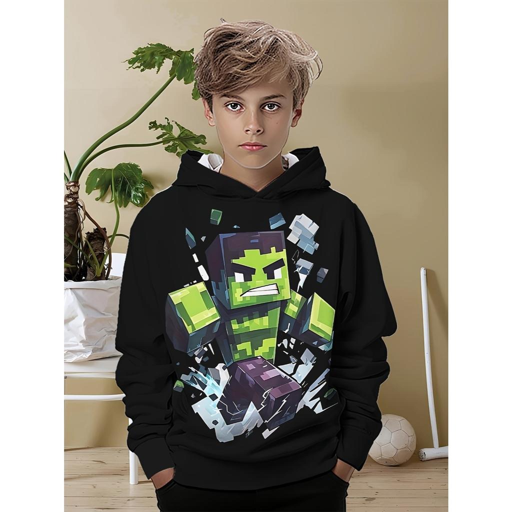 Felpa da Ragazzo Semplice e Versatile con Stampa Pattern Uomo Verde - Felpa Casual a Girocollo a Maniche Lunghe