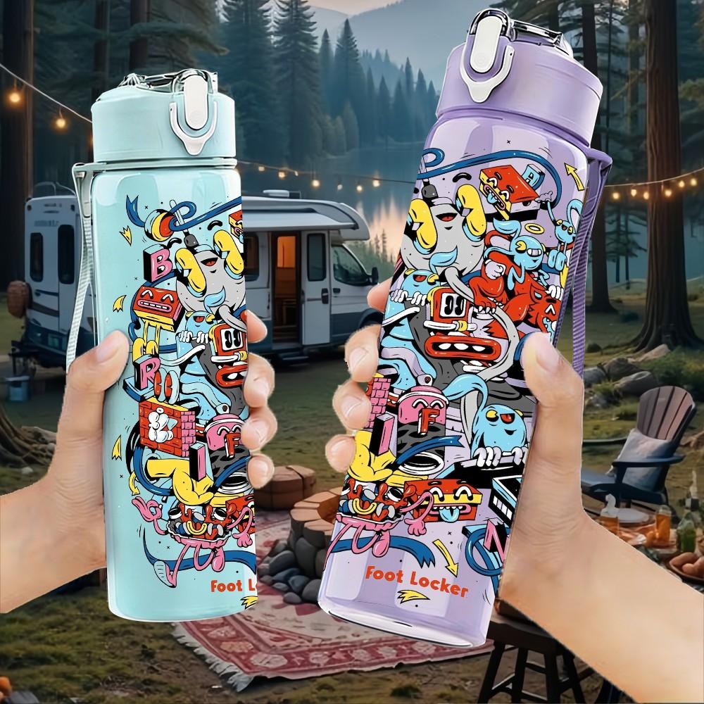 1PC Abstract Street Graffiti Art 750ml Color Plastic Sports Water Bottle Leakproof Flip Straw Lid Suitable for Sports Office Home Use