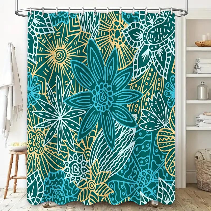 

Green Blue Mandala Shower Curtain Hand Drawn Floral Pattern For Bathroom Decor Extra Long Washable Fabric W60H190(CM)-1 Pcs
