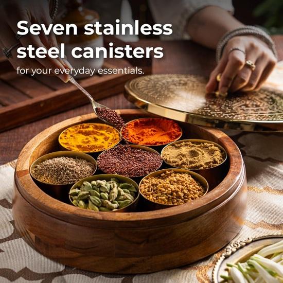 24.5 cm Spice Box for Kitchen with Spoon 7 Detachable containers, Acacia Wood 120 ML Storage Container Masala Dani for gift