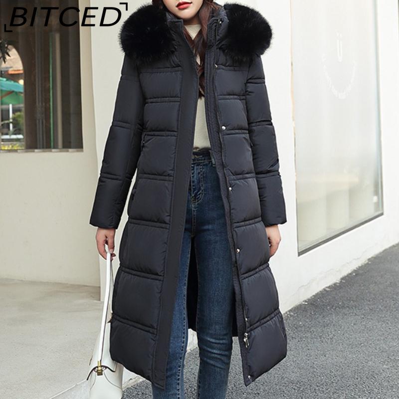 BITCED Winter Down-Filled Cotton Coat for Women - Long Style, Knee-Length, Oversized Fur Collar, Slim-Fit, Belted Design, Cotton
