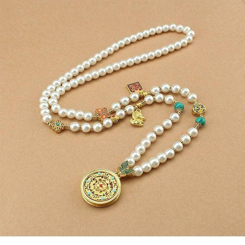 

Best Selling Retro Disc Pendant Imitation Pearl Necklace Female New Chinese Style Long Sweater Chain Accessible Luxury High Grade Ornament Eight-treasure compass imitation pearl necklace