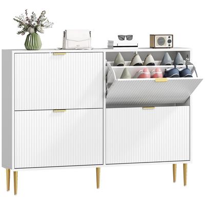 Shoe Cabinet, 20 Pairs, 4 Drop-Down Drawers, Fluted Doors, Adj Shelves, 105x24x91.5cm, White
