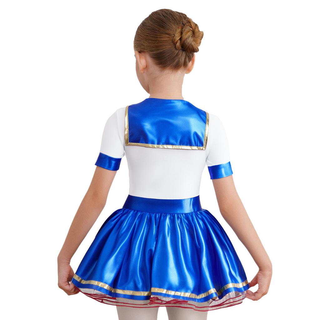 Costum de marinar pentru fete Bloc de culori Patchwork Luciu metalic Gât rotund Mânecă scurtă Cravată detașabilă Rochie bufantă
