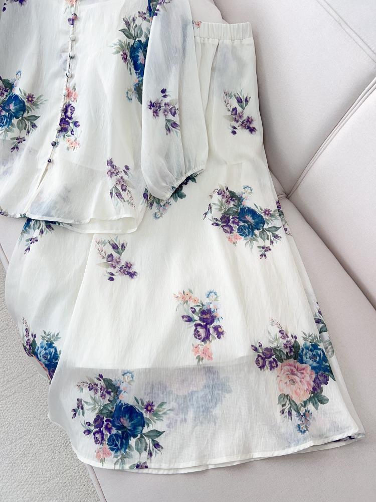 2026 Gentle Style Women's Floral Tencel Linen V-Neck Top & Skirt Set