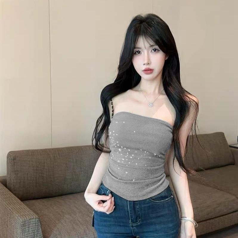 #Summer new pure desire sexy hot diamond back lace strap tube top slim one-piece with chest pad versatile