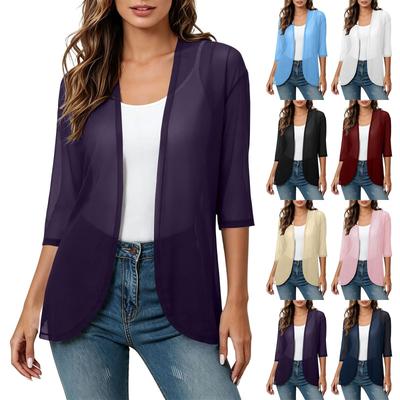 Women's Linen Cardigan With 3/4 Sleeves, Loose Fitting Hood, Shawl Jacket