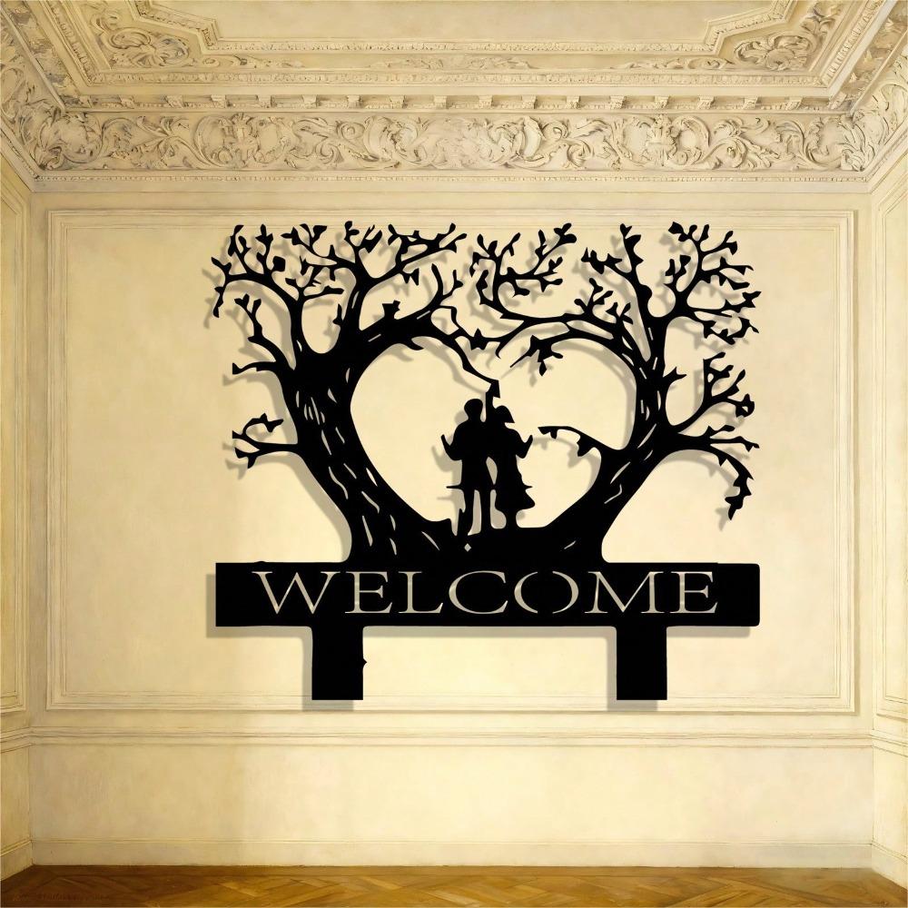 Romantic Love Tree Welcome Metal Wall Art Elegant Iron Sculpture Couple Wedding Valentine Gift Living Room Indoor Decor