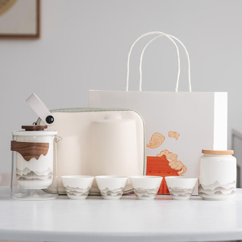 Suet Jade White Porcelain Guochao Ink and Wash Travel Tea Set, a Pot of Four or Six Cups, New Chinese Express Cup Light Luxury Business Gifts