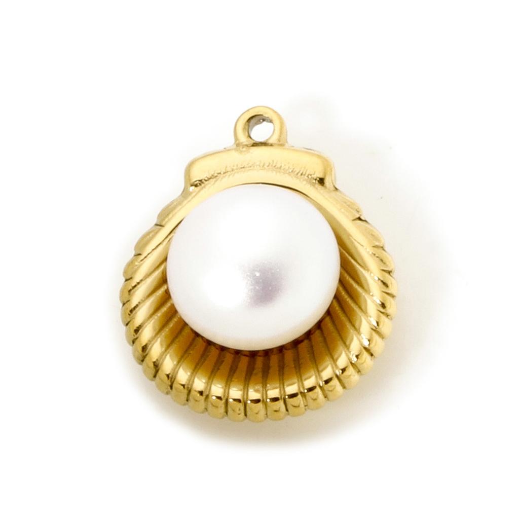 1 Piece 304 Stainless Steel Charms 18K Gold Plated Shell Acrylic Imitation Pearl Small Pendants DIY Necklace Women Findings