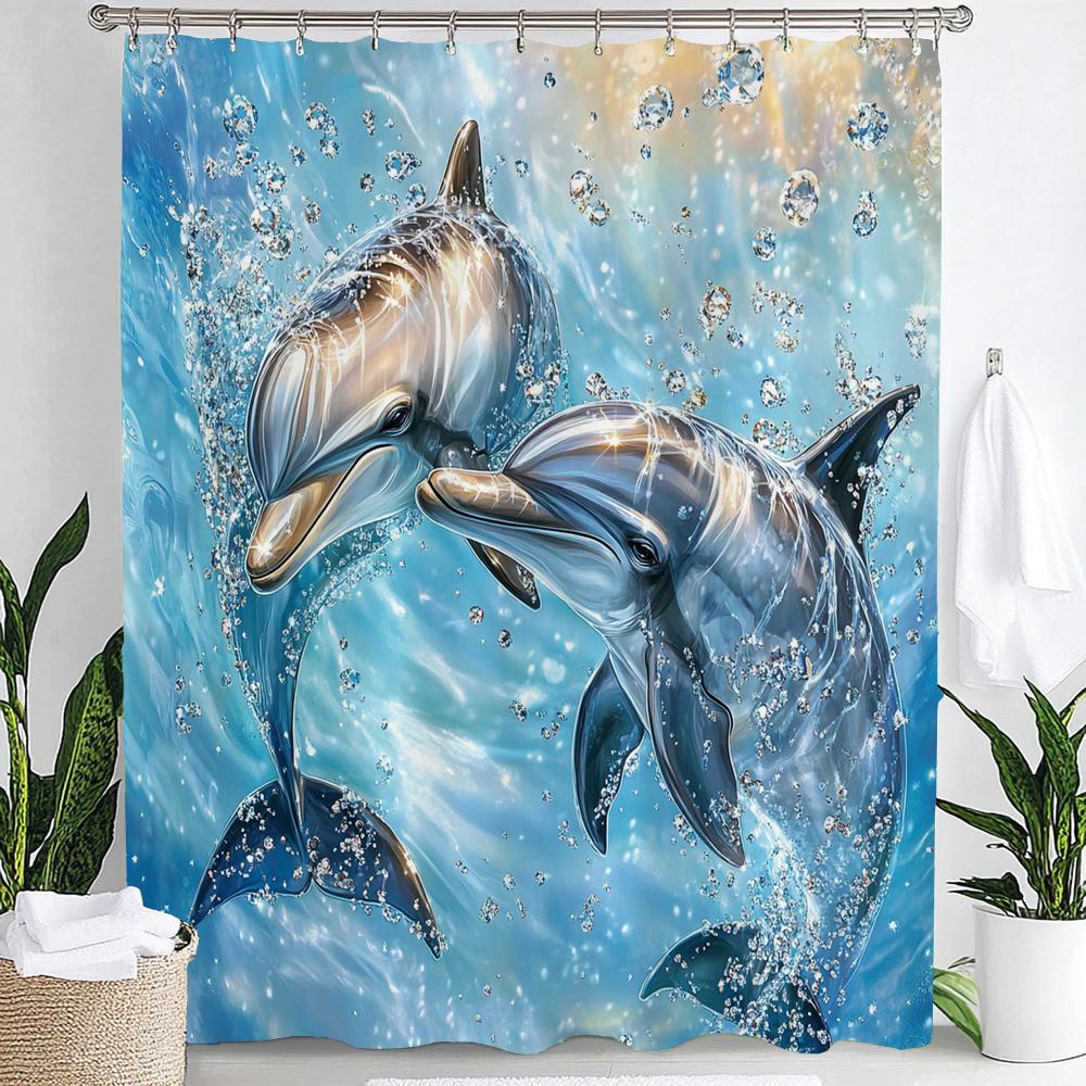 1pc Underwater World Blue Ocean Dolphin Cartoon Print Waterproof Shower Curtain Partition Privacy Hanging Curtain with 12 Hooks