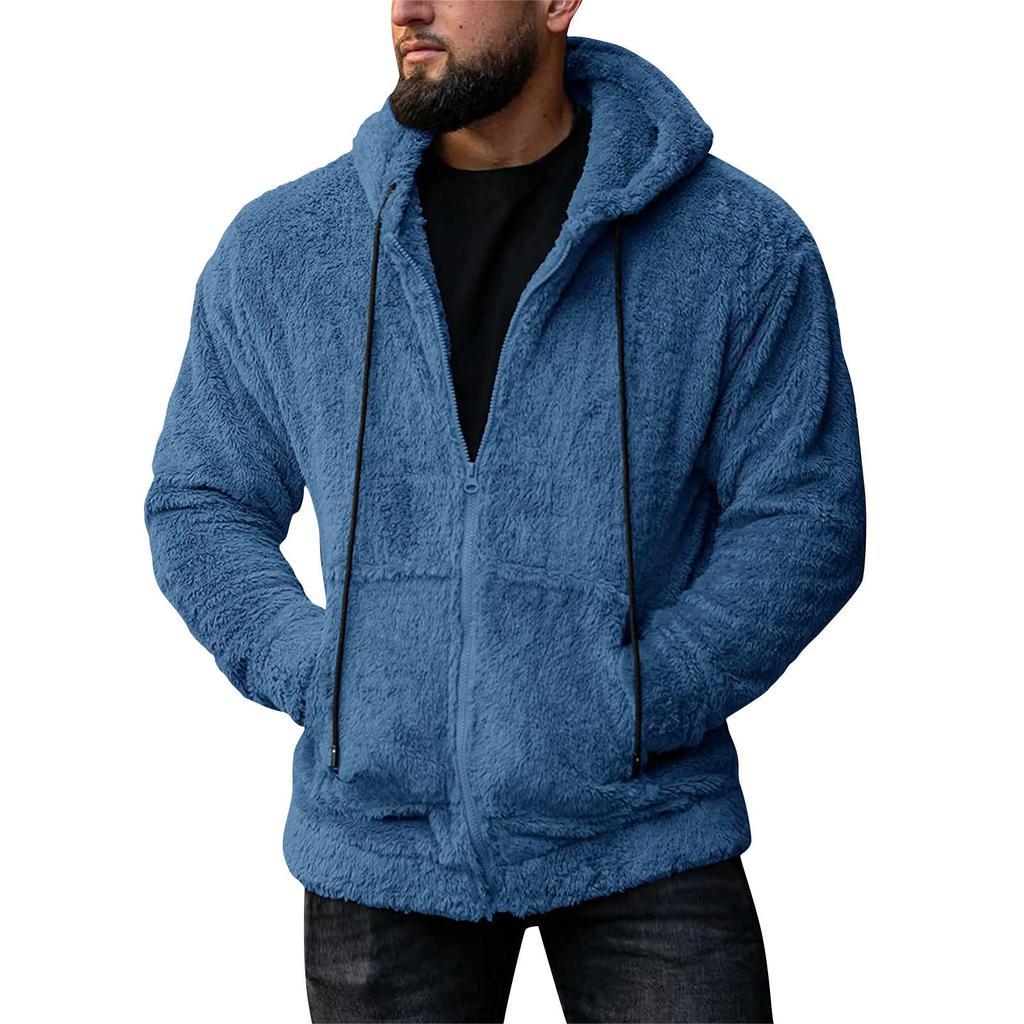 Fall Winter Men'S Hoody Coat Double Sided Plush Casual Loose Thermal Hooded Jackets Solid Color Zipper Pocket Jackets