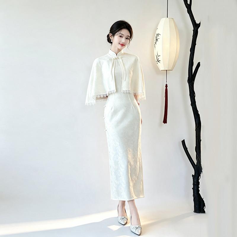 Si Teng white lace national style new Chinese style Suzhou long qipao, improved youth women's high-end shawl set
