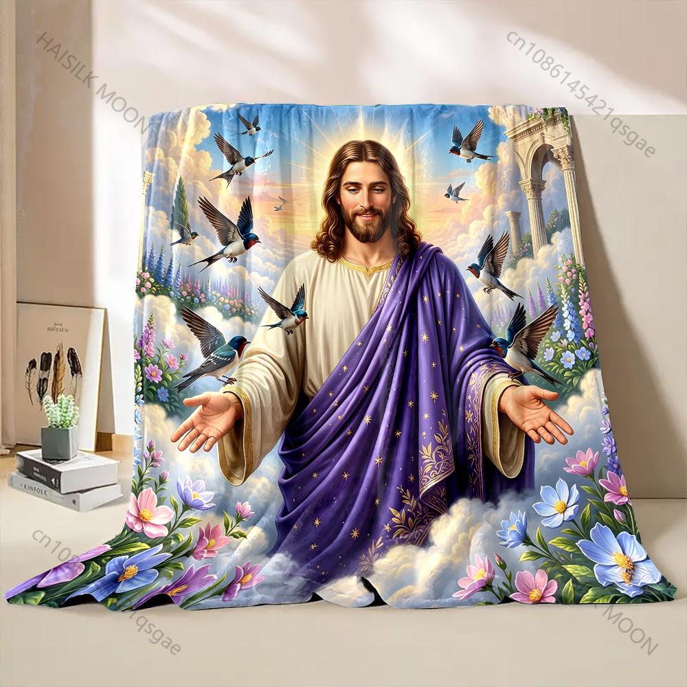 Jesus in Purple Robes with Flowers and Birds Print Blanket Warm Soft Fluffy Kids and Adult Sofa Bed Throw Blanket Travel Camping