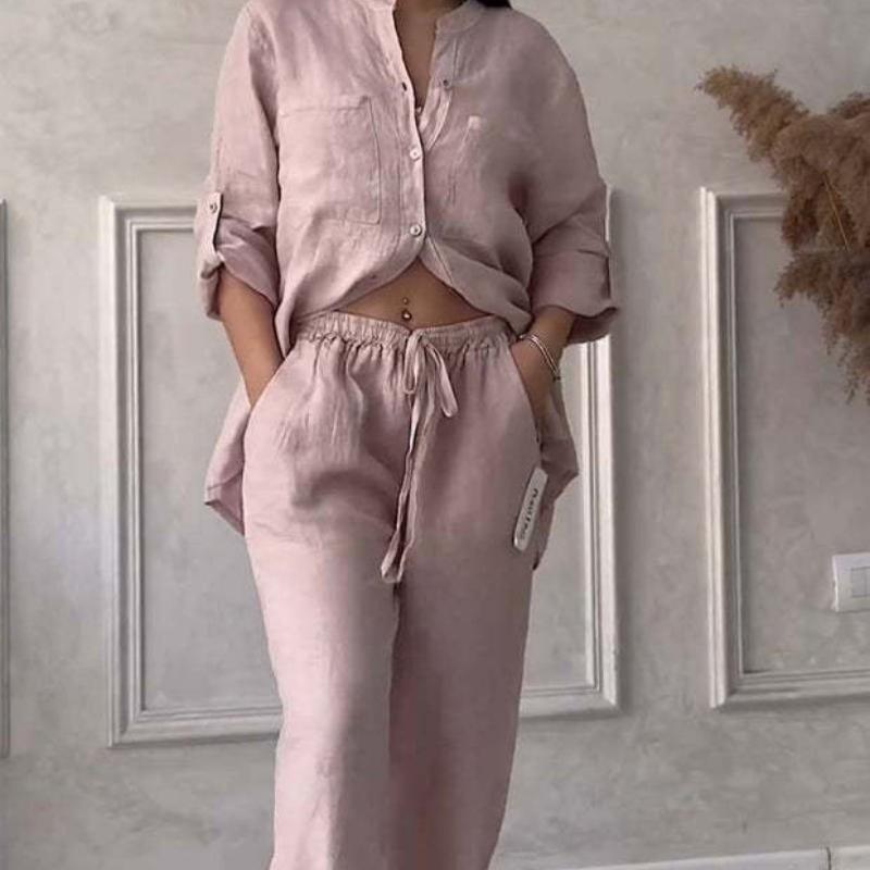

Summer Trend Cotton and Linen Shirt Suit High Waist Loose Trousers Elegant Women Sets Two Piece Set for Women 5XL світло-рожевий колір