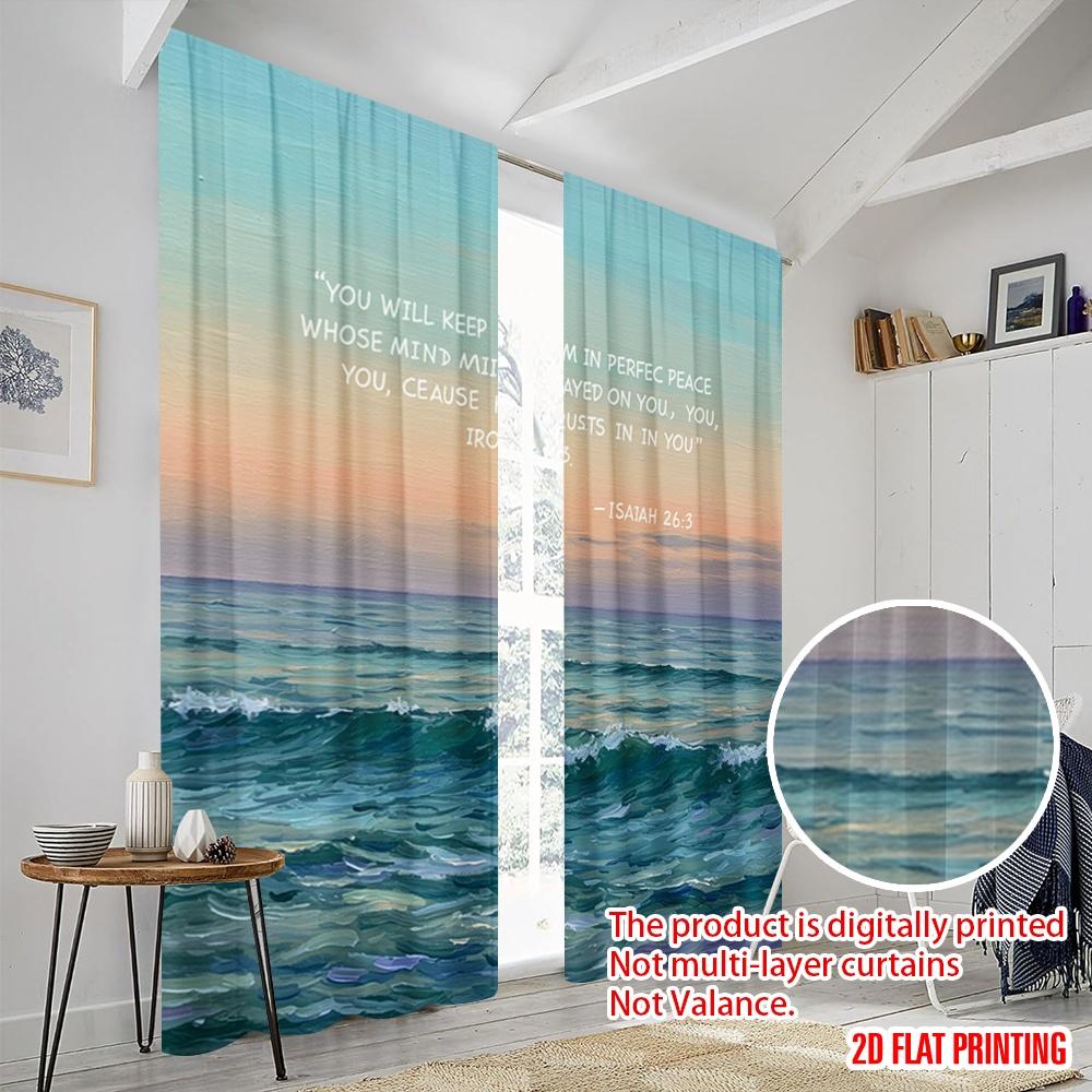 2pcs 2D flat printing Party Window Curtains Peaceful Ocean Sunset Scripture Polyester Without Electricity Family Party Perfect