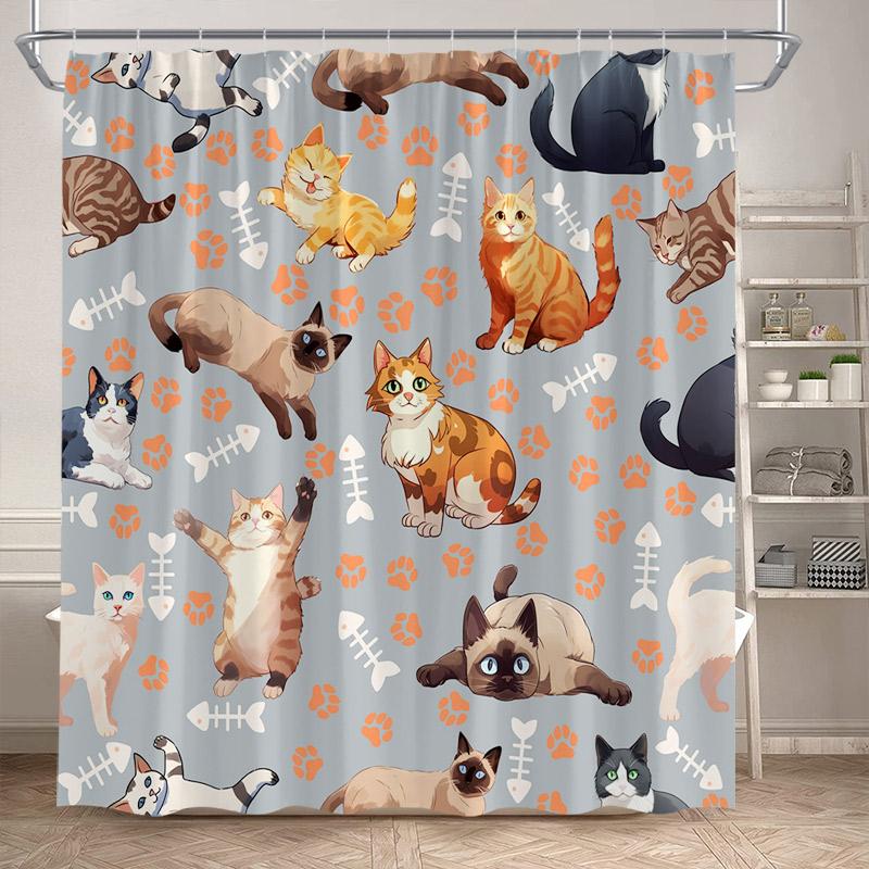 Floral Cartoon Cats Shower Curtains Cute Animals Pet Watercolour Daisy Flowers Bath Curtain Polyester Bathroom Decor With Hooks