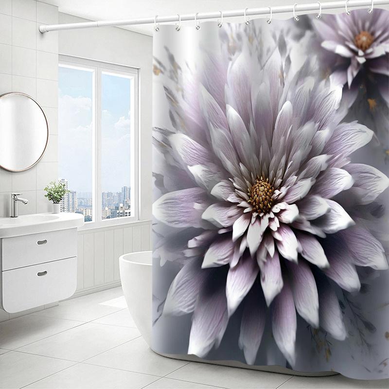 1pc White Floral Print Shower Curtain, Polyester Fabric, Machine Washable, Suitable for Bathroom Decoration