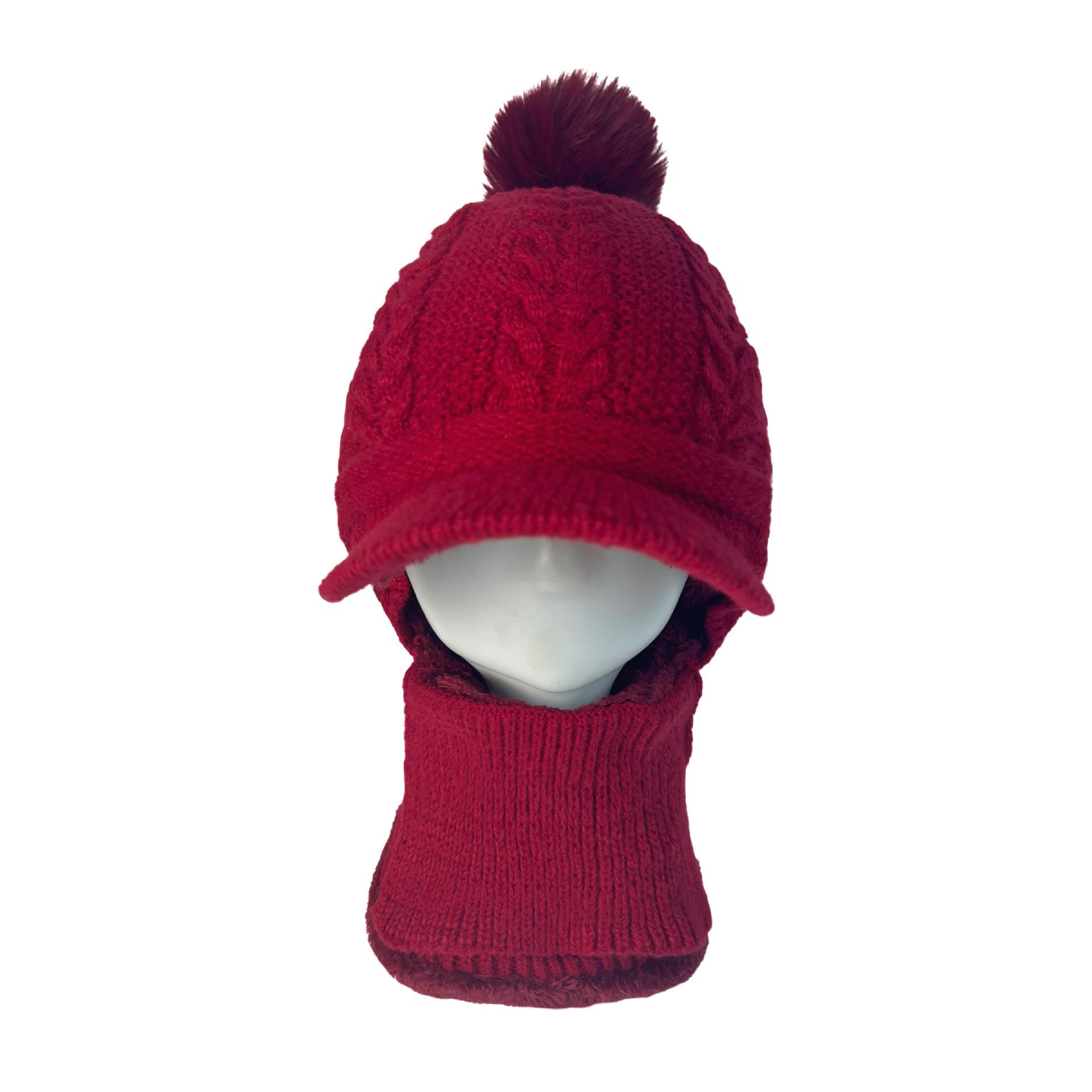 

Winter Women Hat Scarf Mask Set Thick Warm Knit Hat for Cycling Versatile Cold Weather Outdoor Balaclava Cap вина червоного кольору