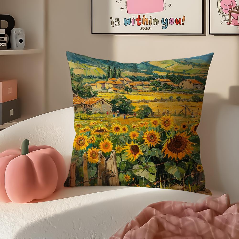 Landscape Style Painting Art Cushion Cover Pillowcase Short Plush Invisible zipper Room Sofa Cushion Cover