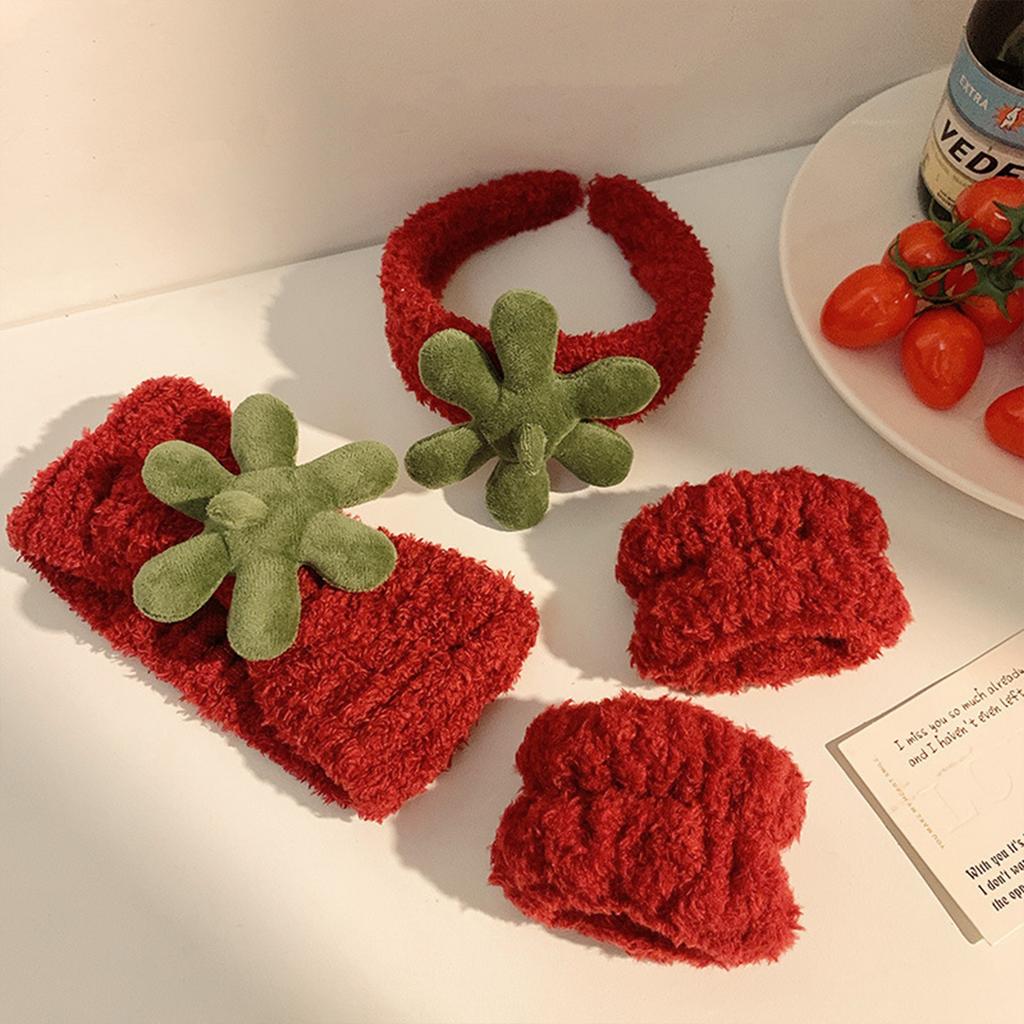 Strawberry Plush Face Washing Headband Set With Wristbands Cute Hair Band For Women Men Makeup Skincare Soft Absorbent Material