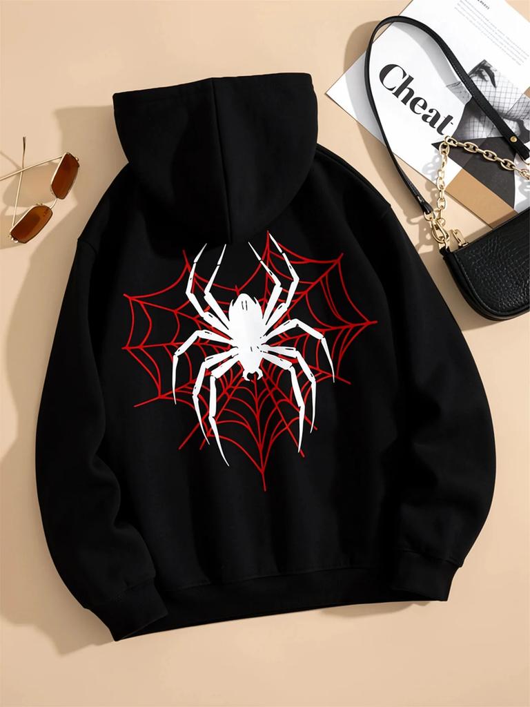 Men Gothic Spider Sports Hoodie Red Web White Spider Graphic Loose Casual Pullover Street Sweatshirt Autumn Winter