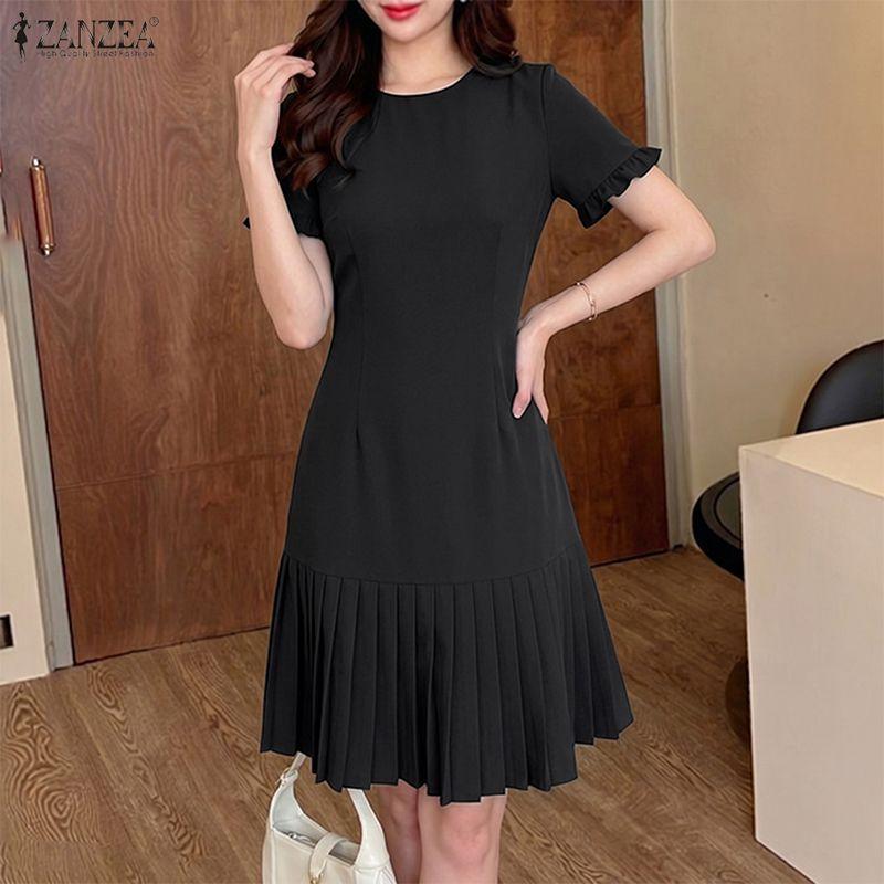 ZANZEA Women Casual Round Neck Solid Color Short Sleeve Dress