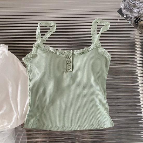 Women Sling Vest Pure Color Lace Splicing Bottom Tops with Built-in Chest Pad Soft Stretchy Camisole Work Party Vacation Wear