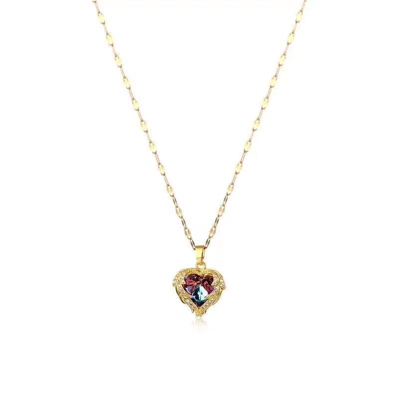 Korean Style Heart Necklace for Women - Light Luxury Clavicle Chain with Zirconium and Colored Crystal Pendant