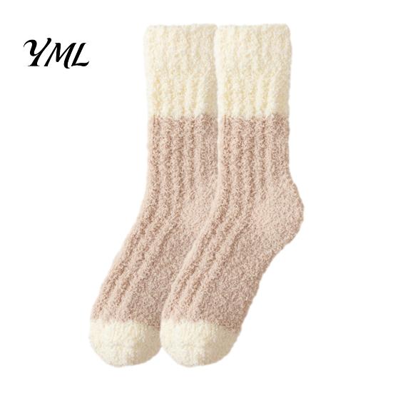 Plush Warmth for Autumn Winter Thickened Long Socks Women, Warm Coral Fleece Socks, Soft Thermal Hosiery Sleep Anti-static Contrast Color Indoor Cozy
