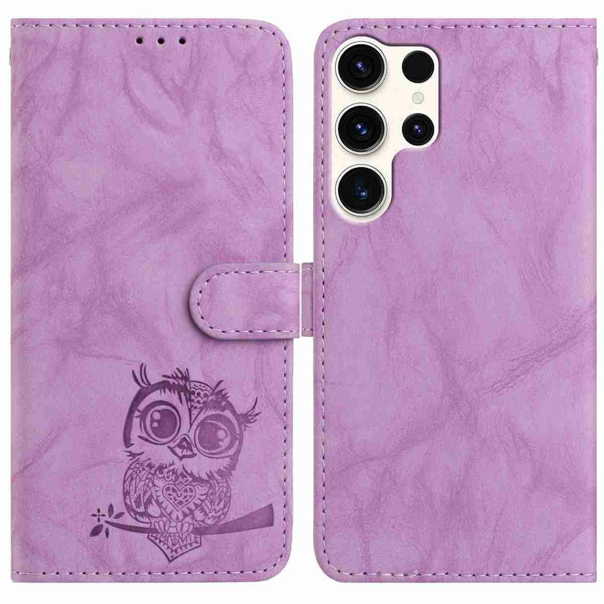 

For Samsung Galaxy S25 Ultra Case Owl Imprinted PU Leather Wallet Phone Cover with Wrist Strap Purple