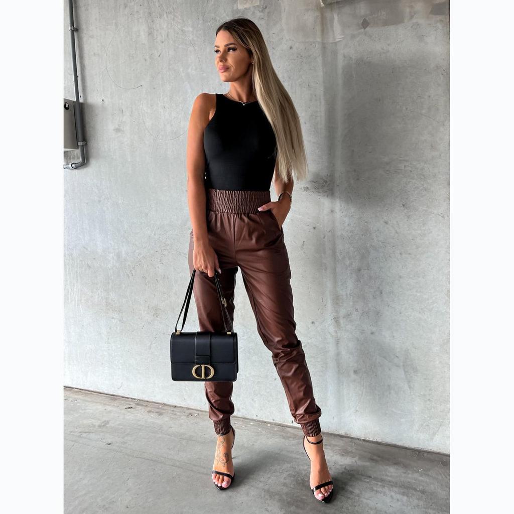 Street Trend High-Waist Leather Pants for Women - European & American Motorcycle Style, Autumn/Winter Fashion