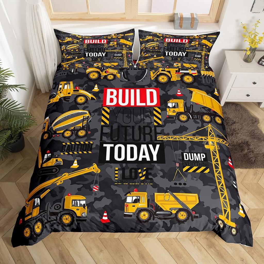 Truck Excavator King Queen Duvet Cover Yellow Tractor Bedding Set For Kids Boys Girls Cartoon Car Transporter 2/3pcs Quilt Cover