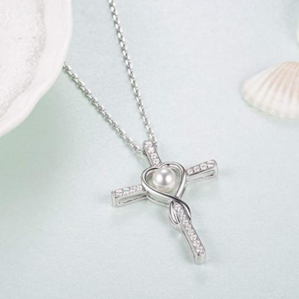 Cross Pendant Necklace with Heart Frame and Pearl Center Sparkling Stone Accent Faith Inspired Jewelry for Women