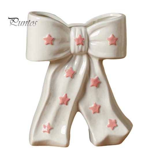 Dried Flower Holder Ceramic Bow Vase with Star, Decorative Flowers Vase, Creative French Style Arrangement for Living Room Table Centerpiece