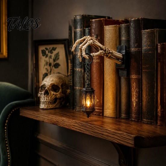 Dark Academia Home Accents Skeleton Hand Lantern Shelf Light, Warm LED Library Nightlight, Gothic Wireless Table Lamp Decorative Mini Bookshelf