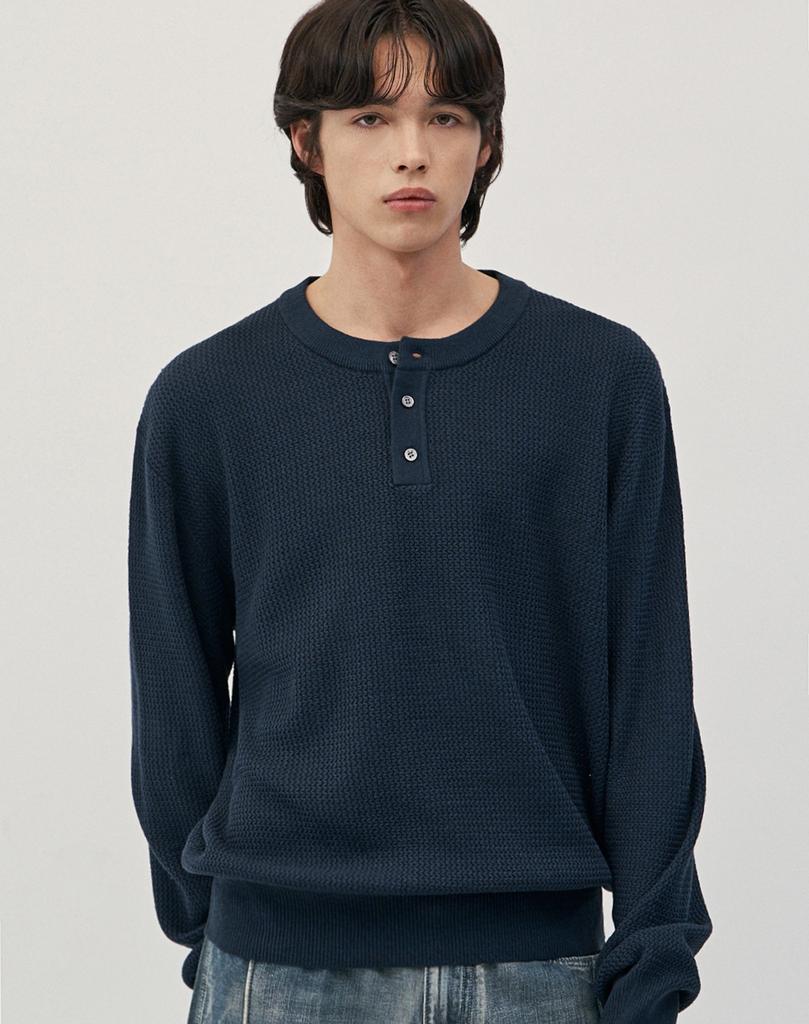 WORK ON BODY OFF Easyon Semi-Overfit Henley Neck Knit [Navy]