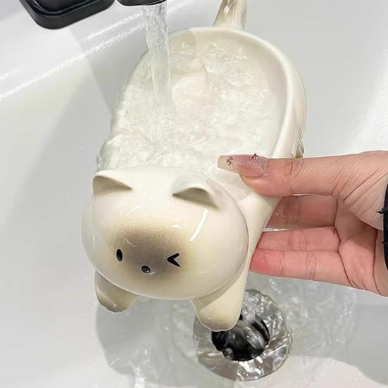 Ceramic Soap Dish with Automatic Drainage Cute Design Animal Shape Easy Cleaning Soap Holder Organizer for Shower Bathroom