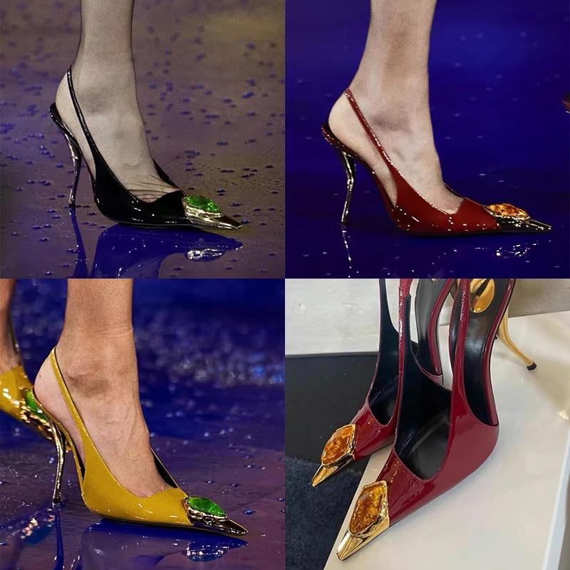 Street Style Design Inlay Diamonds Woman Pumps Sandals Elegant Sexy Thin Heels Pointed Toe Banquet Prom Slingbacks Shoes