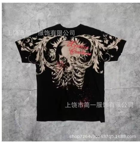 Summer Men's Fashion Skull Letter Printing Trend Slim Fit Casual 3D Digital Printing Short Sleeve Top