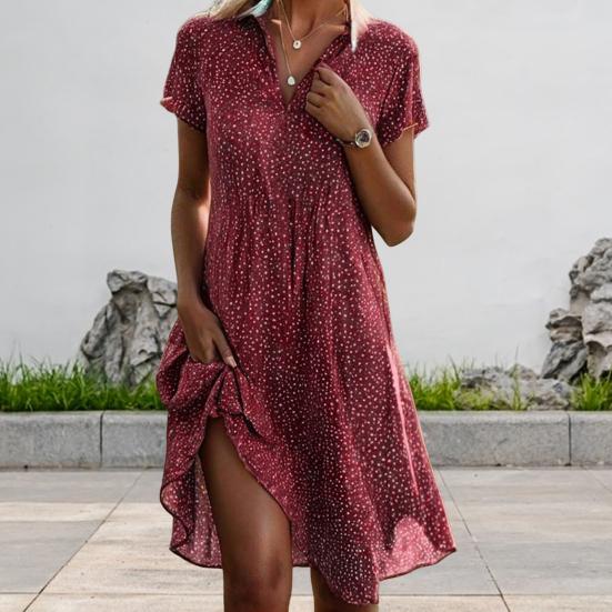 Sommerkjole Prikktrykk Korte Ermer Løs A-linje Skjortekjole V-hals Knelengde Midikjole for Dating Reise Ferie